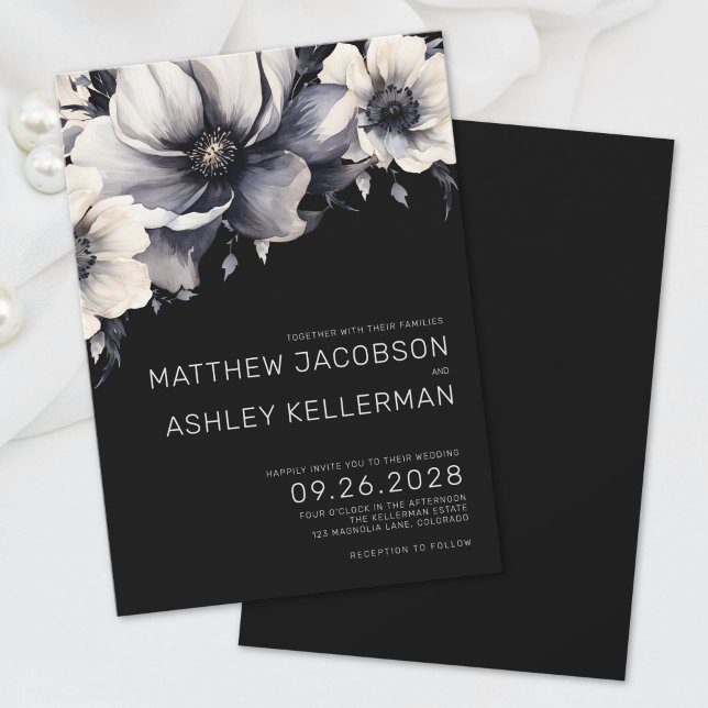 Elegant Modern White Black Floral Wedding Invitation (Simple Modern Boho Floral Black White Wedding Invitation)