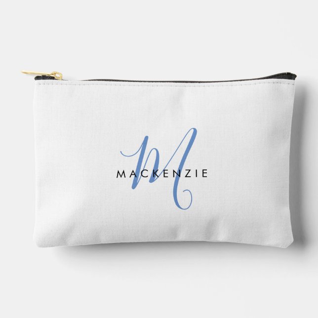Elegant Modern White Blue Script Monogram Accessory Pouch (Front)
