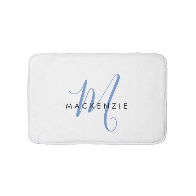 Elegant Modern White Blue Script Monogram Bath Mat (Front)