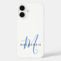 Elegant Modern White Blue Script Monogram