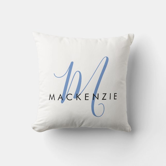 Elegant Modern White Blue Script Monogram Cushion (Front)