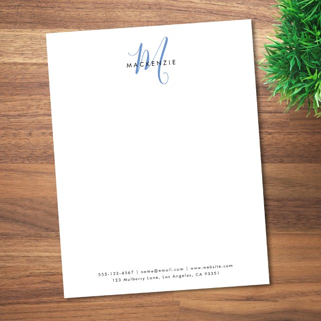 Elegant Modern White Blue Script Monogram Custom Letterhead (Creator Uploaded)