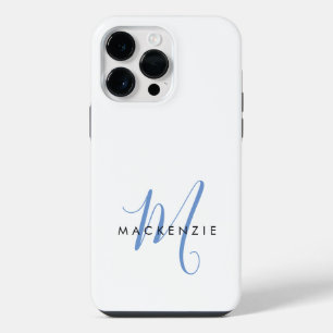 Elegant Modern White Blue Script Monogram iPhone 14 Pro Max Case