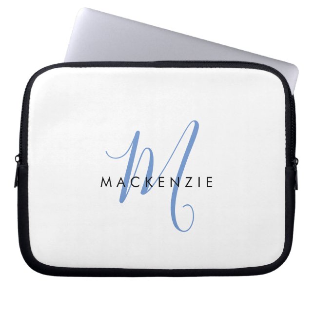 Elegant Modern White Blue Script Monogram Laptop Sleeve (Front)