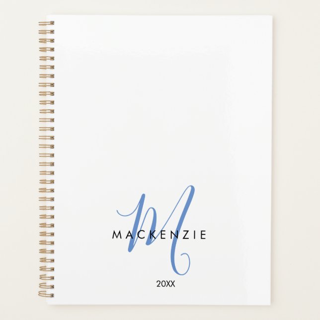 Elegant Modern White Blue Script Monogram Planner (Front)
