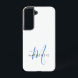 Elegant Modern White Blue Script Monogram Samsung Galaxy Case<br><div class="desc">Elegant Modern White Blue Script Monogram Phone Case.  An elegant blue script monogram combined with a clean black san-serif font makes for a contemporary look.</div>