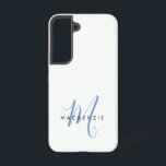 Elegant Modern White Blue Script Monogram Samsung Galaxy Case<br><div class="desc">Elegant Modern White Blue Script Monogram Phone Case.  An elegant blue script monogram combined with a clean black san-serif font makes for a contemporary look.</div>