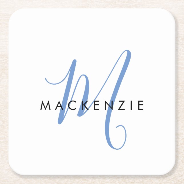 Elegant Modern White Blue Script Monogram Square Paper Coaster (Front)