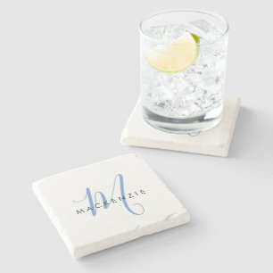 Elegant Modern White Blue Script Monogram Stone Coaster