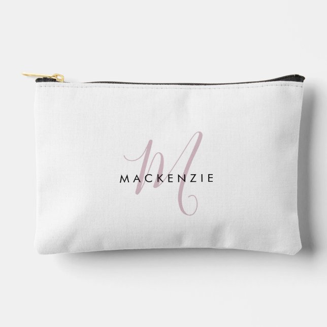 Elegant Modern White Blush Pink Script Monogram Accessory Pouch (Front)