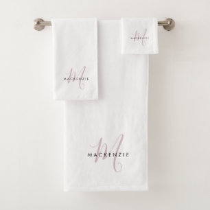 Elegant Modern White Blush Pink Script Monogram Bath Towel Set