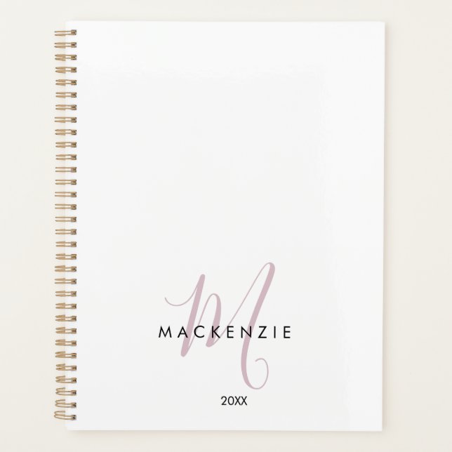 Elegant Modern White Blush Pink Script Monogram Planner (Front)