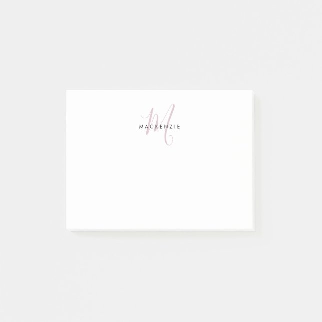 Elegant Modern White Blush Pink Script Monogram Post-it Notes (Front)