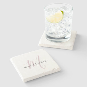 Elegant Modern White Blush Pink Script Monogram Stone Coaster