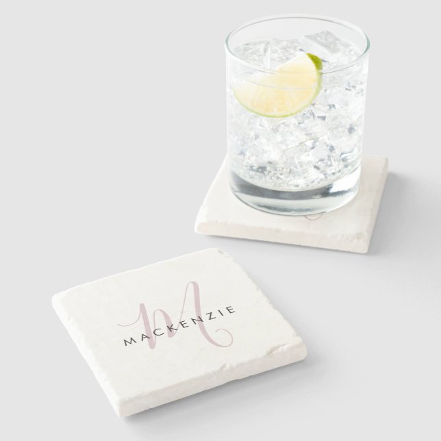 Elegant Modern White Blush Pink Script Monogram Stone Coaster (Side)