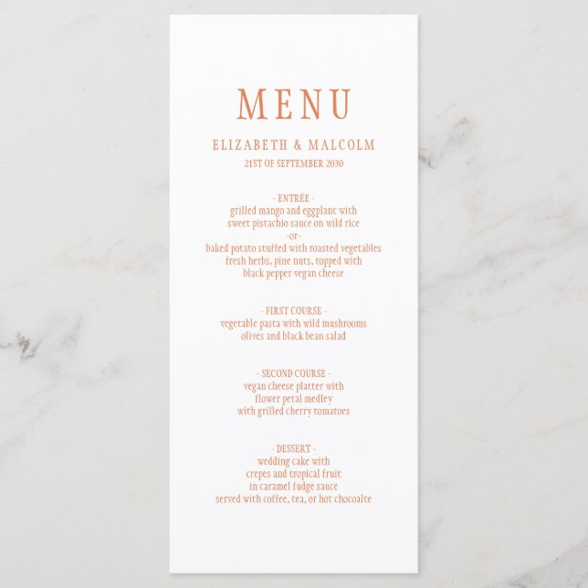 Elegant Modern White Copper Orange Wedding Menu (Front)