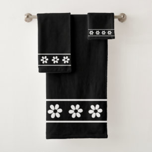 Elegant, Modern White Flowers on Black Bath Towel Set