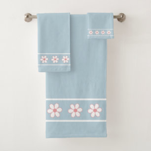 Elegant, Modern White Flowers on Light Blue Bath Towel Set