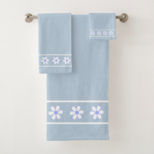 Elegant, Modern White Flowers on Wondrous Blue Bath Towel Set