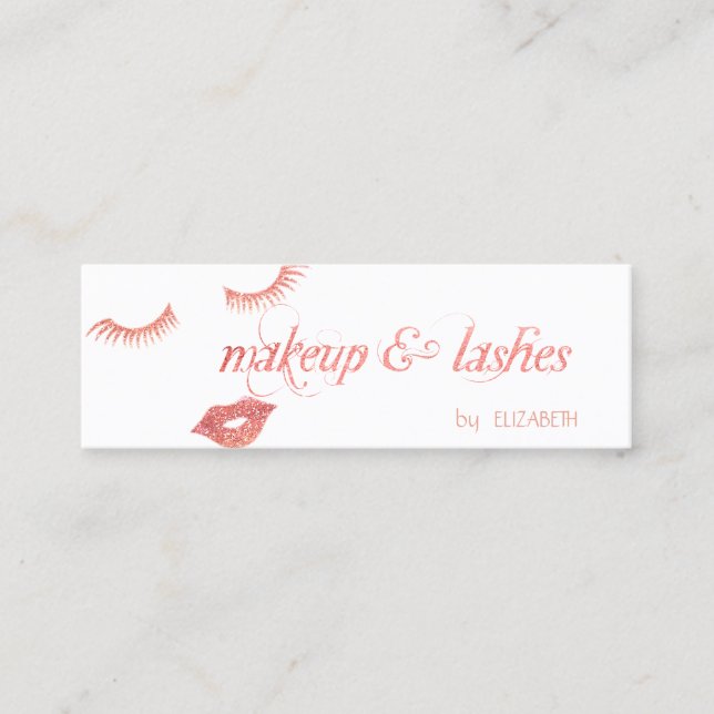 Elegant  Modern White, Glitter Lips, Lashes,Makeup Mini Business Card (Front)