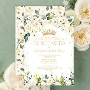 Elegant Modern White Gold Floral Quinceañera Invitation
