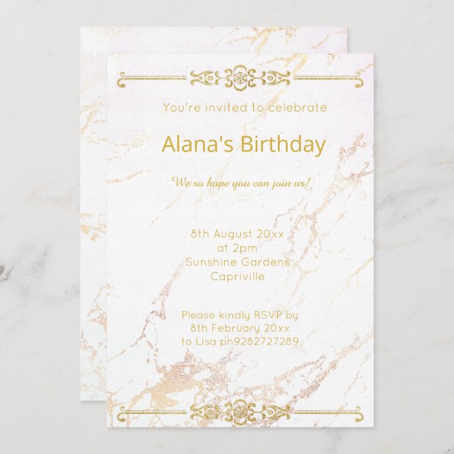 ELEGANT MODERN WHITE GOLD MARBLE BORDER INVITATION (Front/Back)