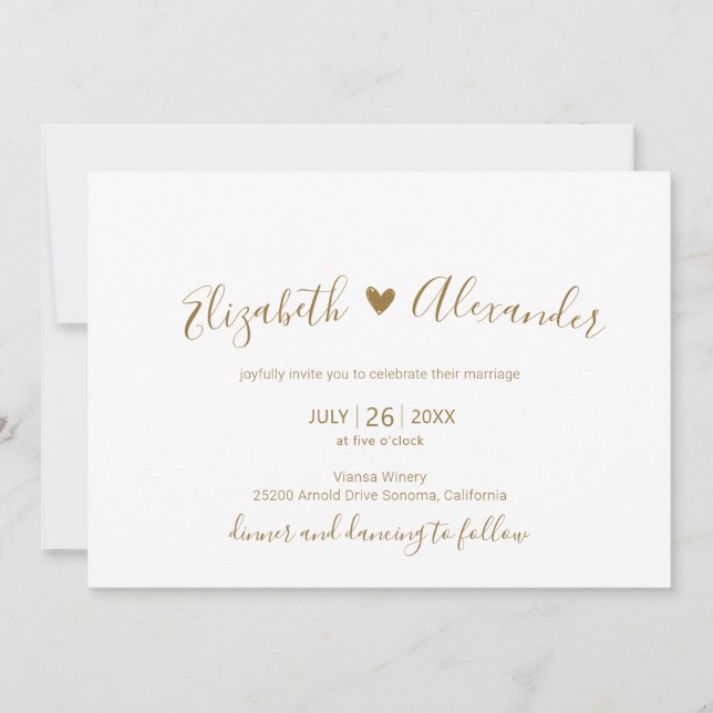 Elegant Modern White Gold Script Heart Wedding  Invitation (Front)
