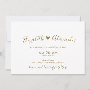 Elegant Modern White Gold Script Heart Wedding Invitation