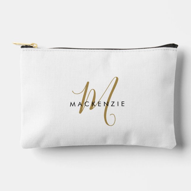 Elegant Modern White Gold Script Monogram Accessory Pouch (Front)