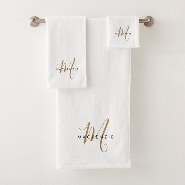 Elegant Modern White Gold Script Monogram Bath Towel Set (Insitu)