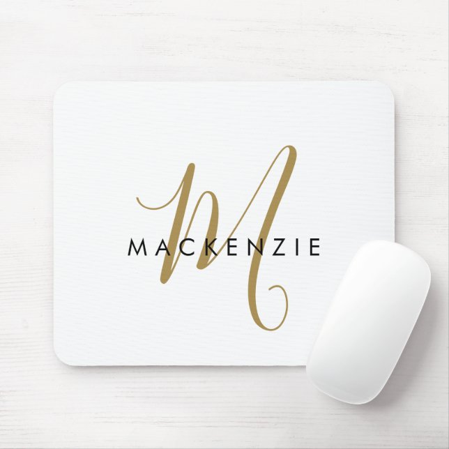 Elegant Modern White Gold Script Monogram Mouse Pad (With Mouse)