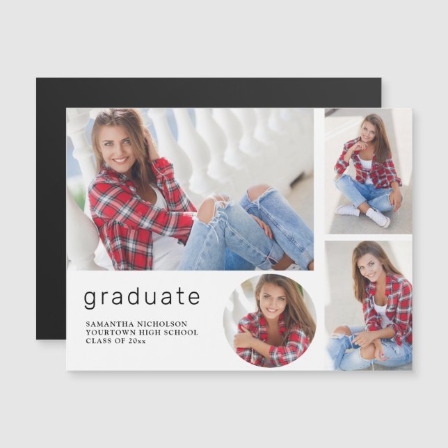 Elegant Modern White Graduation 4 Photo Collage Magnetic Invitation (Front/Back)