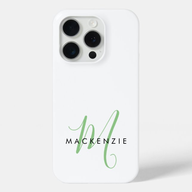 Elegant Modern White Green Script Monogram Case-Mate iPhone Case (Back)