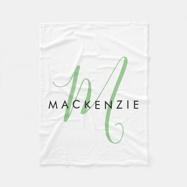 Elegant Modern White Green Script Monogram Fleece Blanket (Front)
