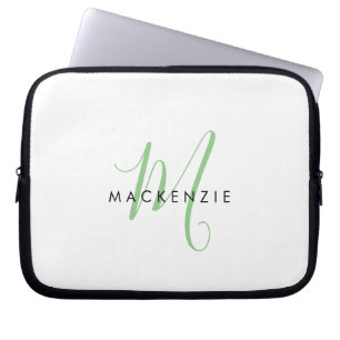 Elegant Modern White Green Script Monogram Laptop Sleeve