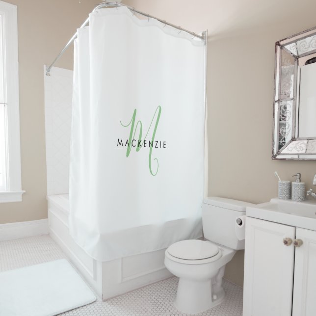 Elegant Modern White Green Script Monogram Shower Curtain (In Situ)