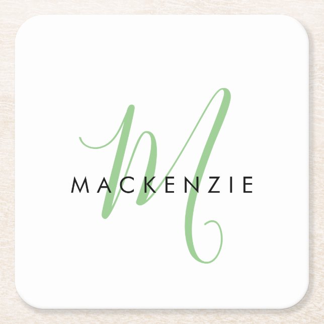 Elegant Modern White Green Script Monogram Square Paper Coaster (Front)