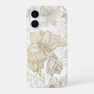 Elegant modern white grey gold marble floral iPhone 16 case