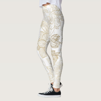 Elegant modern white grey gold marble floral leggings