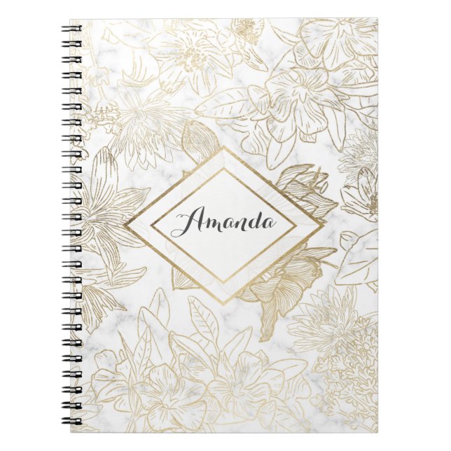 Elegant modern white grey gold marble floral notebook (Front)