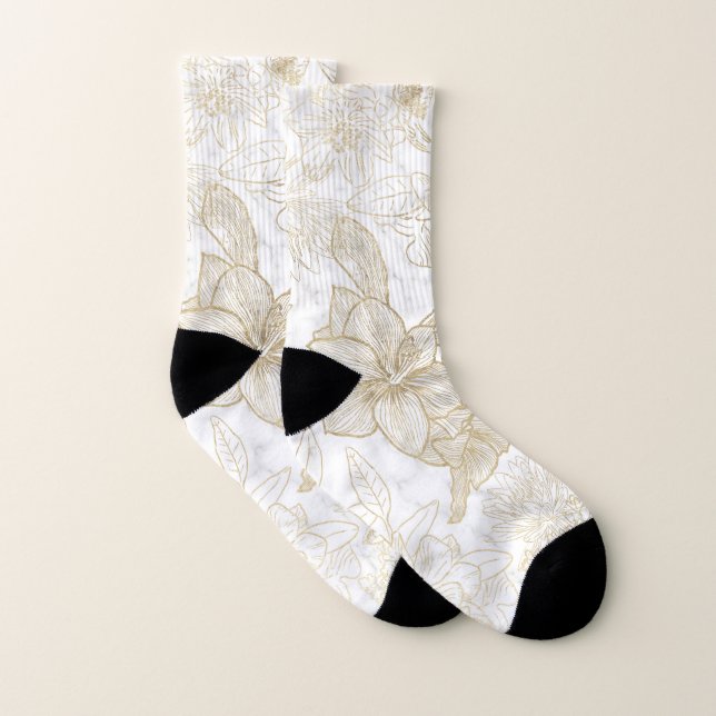 Elegant modern white grey gold marble floral socks (Pair)