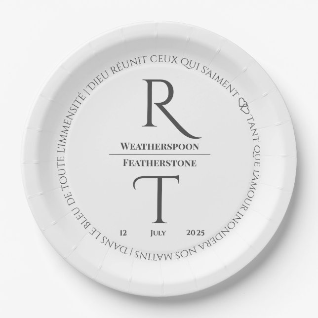 Elegant Modern White Grey Monogram Wedding Paper Plate (Front)