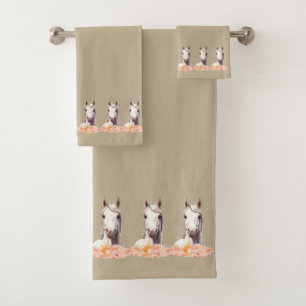 Elegant, Modern White Horses with Flowers on Beige Bath Towel Set