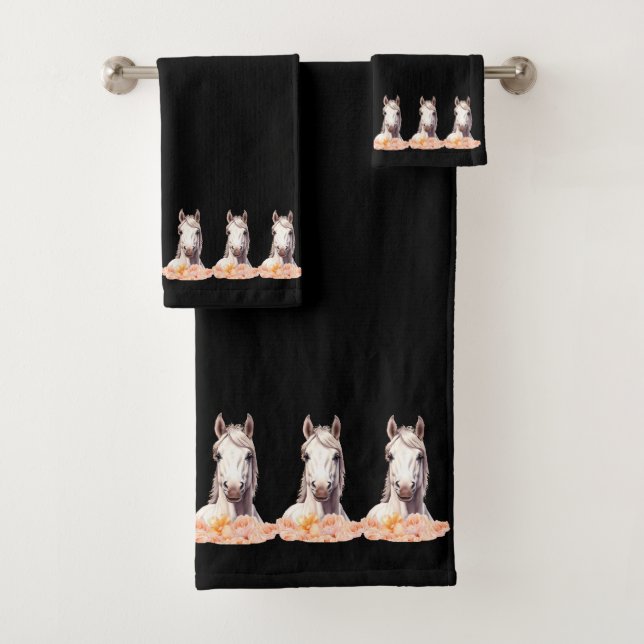 Elegant, Modern White Horses with Flowers on Black Bath Towel Set (Insitu)