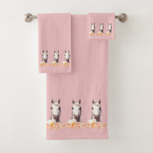 Elegant, Modern White Horses with Flowers on Pink Bath Towel Set