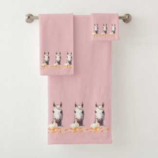 Elegant, Modern White Horses with Flowers on Pink Bath Towel Set