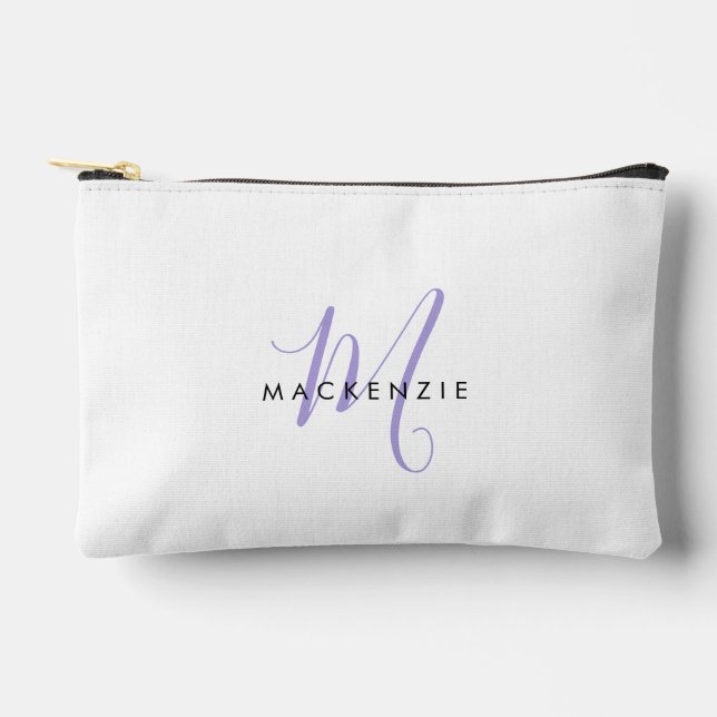 Elegant Modern White Lavender Script Monogram Accessory Pouch (Front)