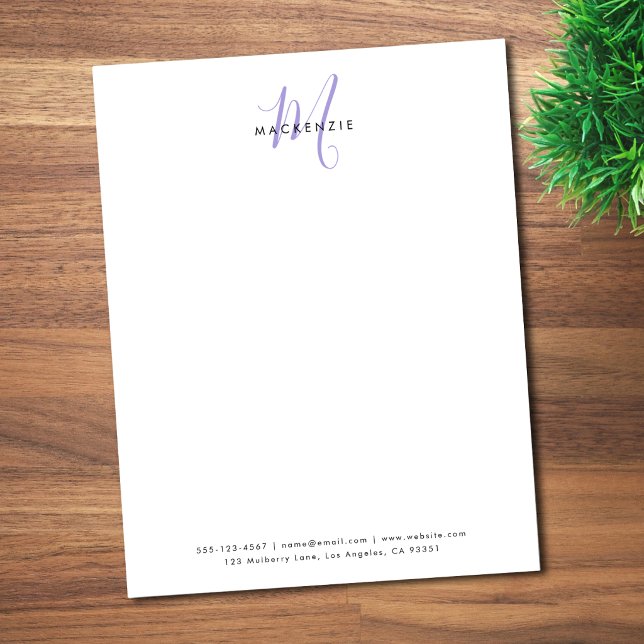 Elegant Modern White Lavender Script Monogram Custom Letterhead (Creator Uploaded)
