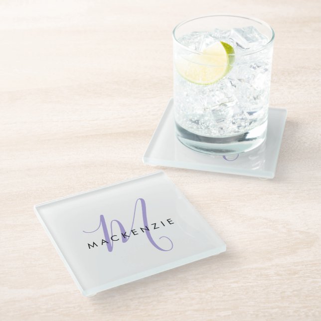 Elegant Modern White Lavender Script Monogram Glass Coaster (Angled)