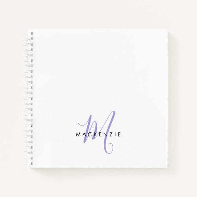 Elegant Modern White Lavender Script Monogram Notebook (Front)